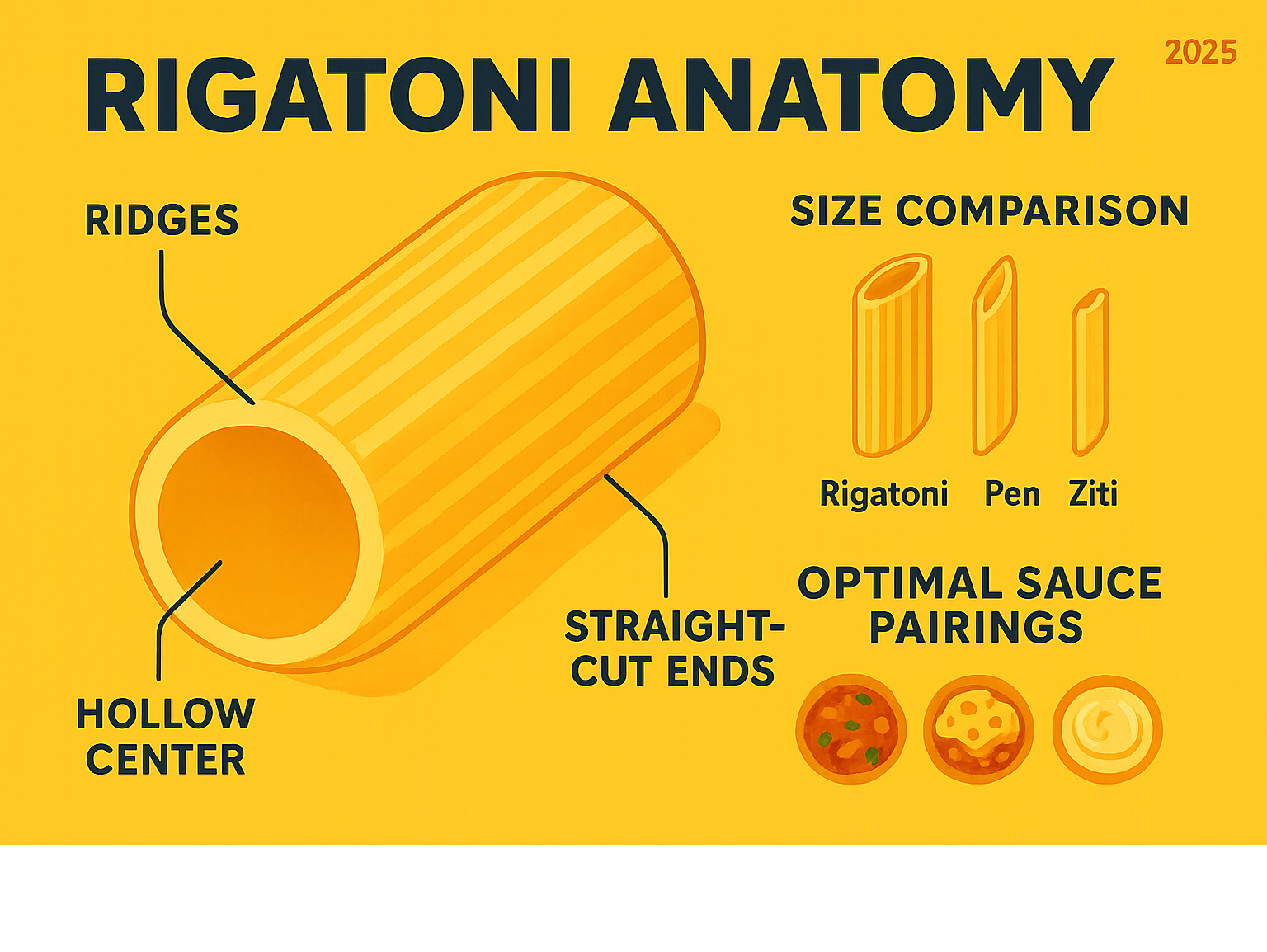 Detailed infographic showing rigatoni anatomy with labeled ridges, hollow center, straight-cut ends, size comparison to penne and ziti, and optimal sauce pairings - rigatoni infographic 