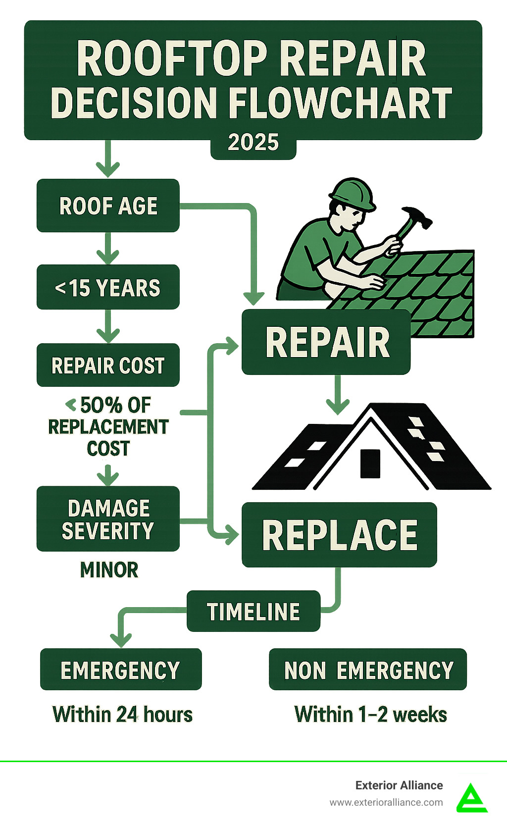 Comprehensive rooftop repair decision flowchart showing when to repair versus replace based on age, cost thresholds, and damage severity, with emergency vs non-emergency repair timelines - rooftop repairs infographic Comprehensive rooftop repair decision flowchart showing when to repair versus replace based on age, cost thresholds, and damage severity, with emergency vs non-emergency repair timelines - rooftop repairs infographic