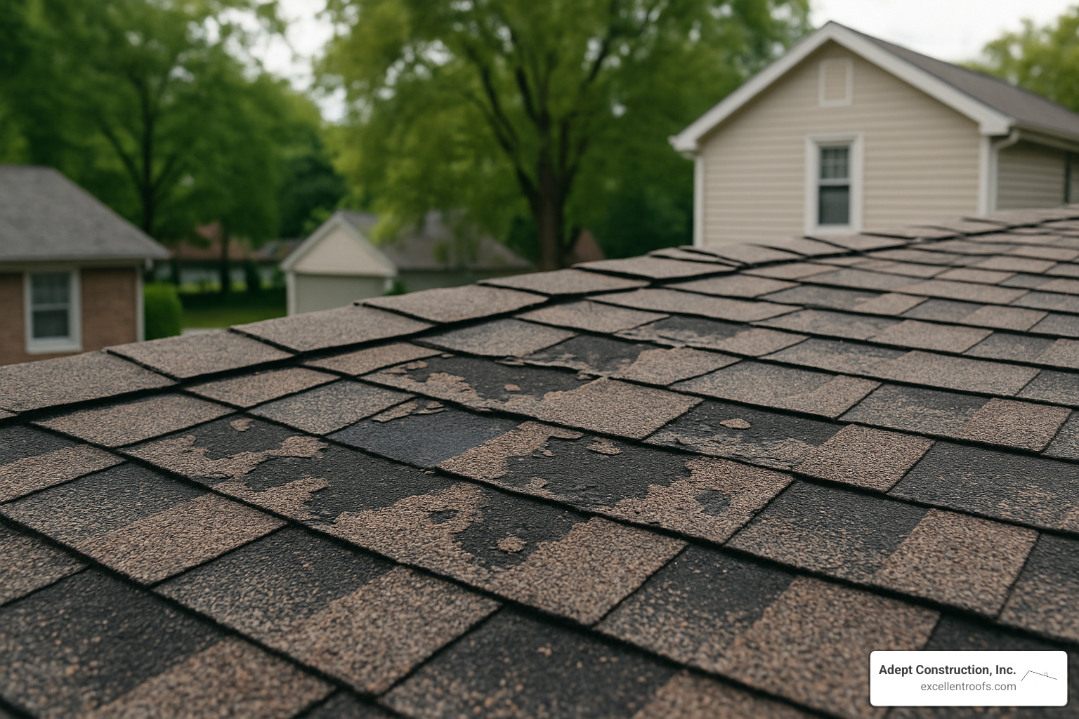 damaged roof shingles with missing granules and exposed underlayment in Downers Grove - roofing repair downers grove