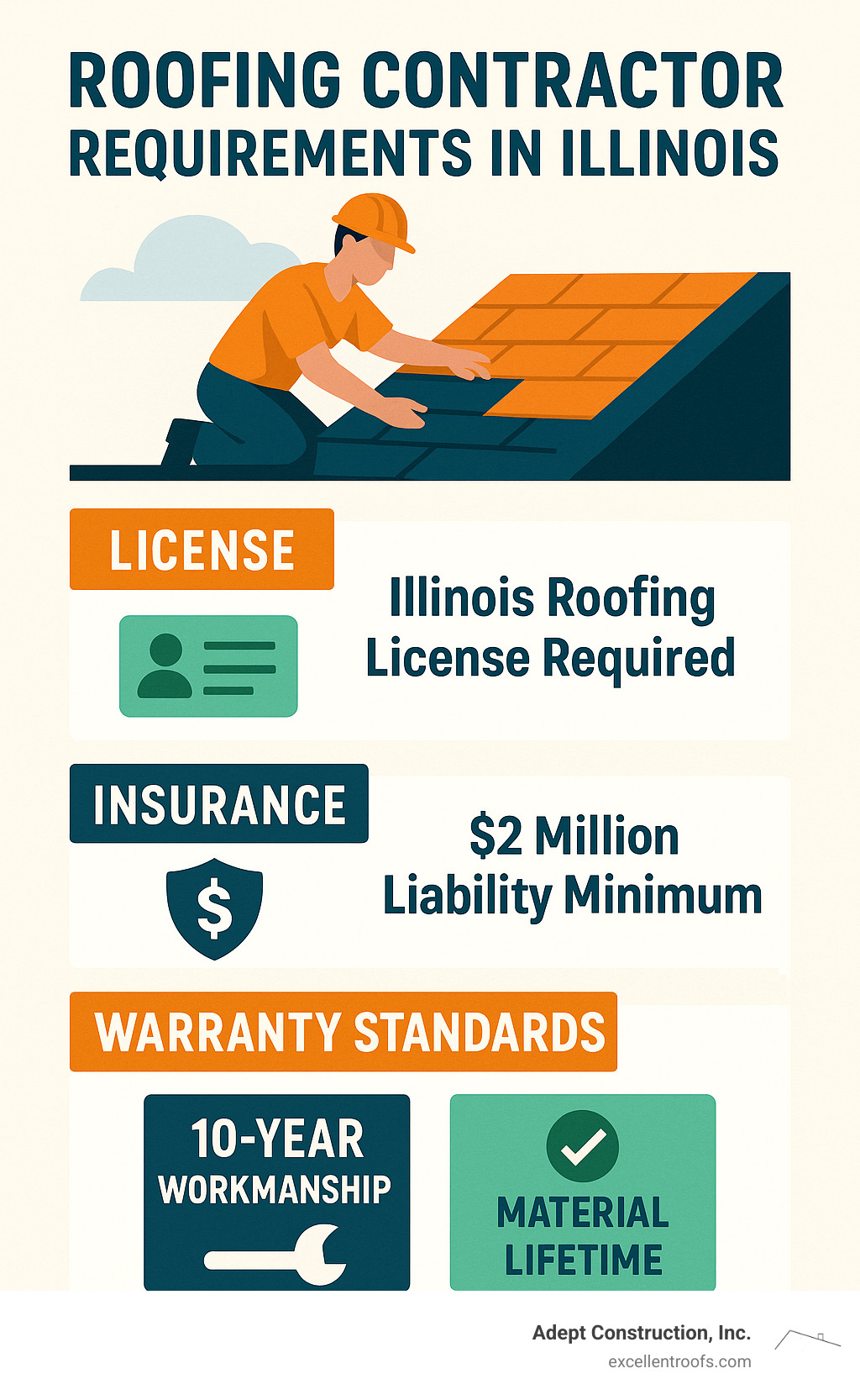 Infographic showing roofing contractor licensing requirements, insurance minimums, and warranty standards for Illinois roofing professionals - roofing repair downers grove infographic 