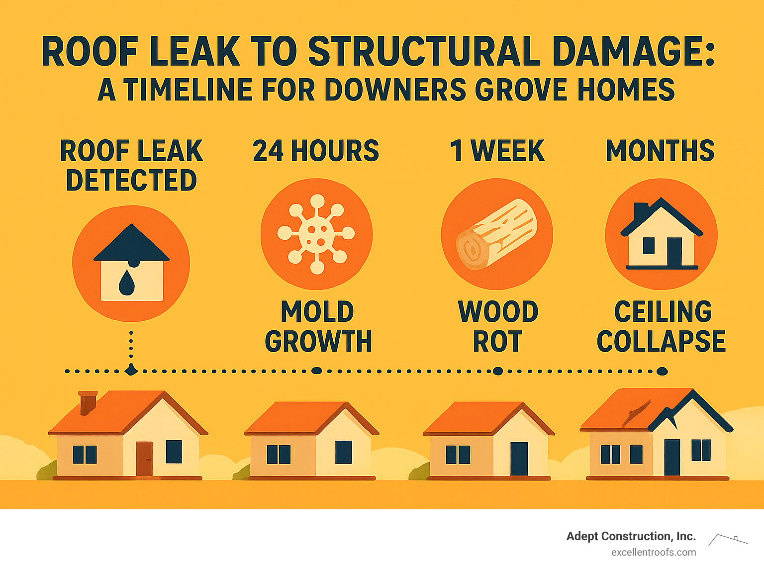 Infographic showing timeline from roof leak detection to structural damage, including 24-hour mold risk, 1-week wood rot onset, and monthly progression to ceiling collapse in Downers Grove homes - roofing repair downers grove infographic 