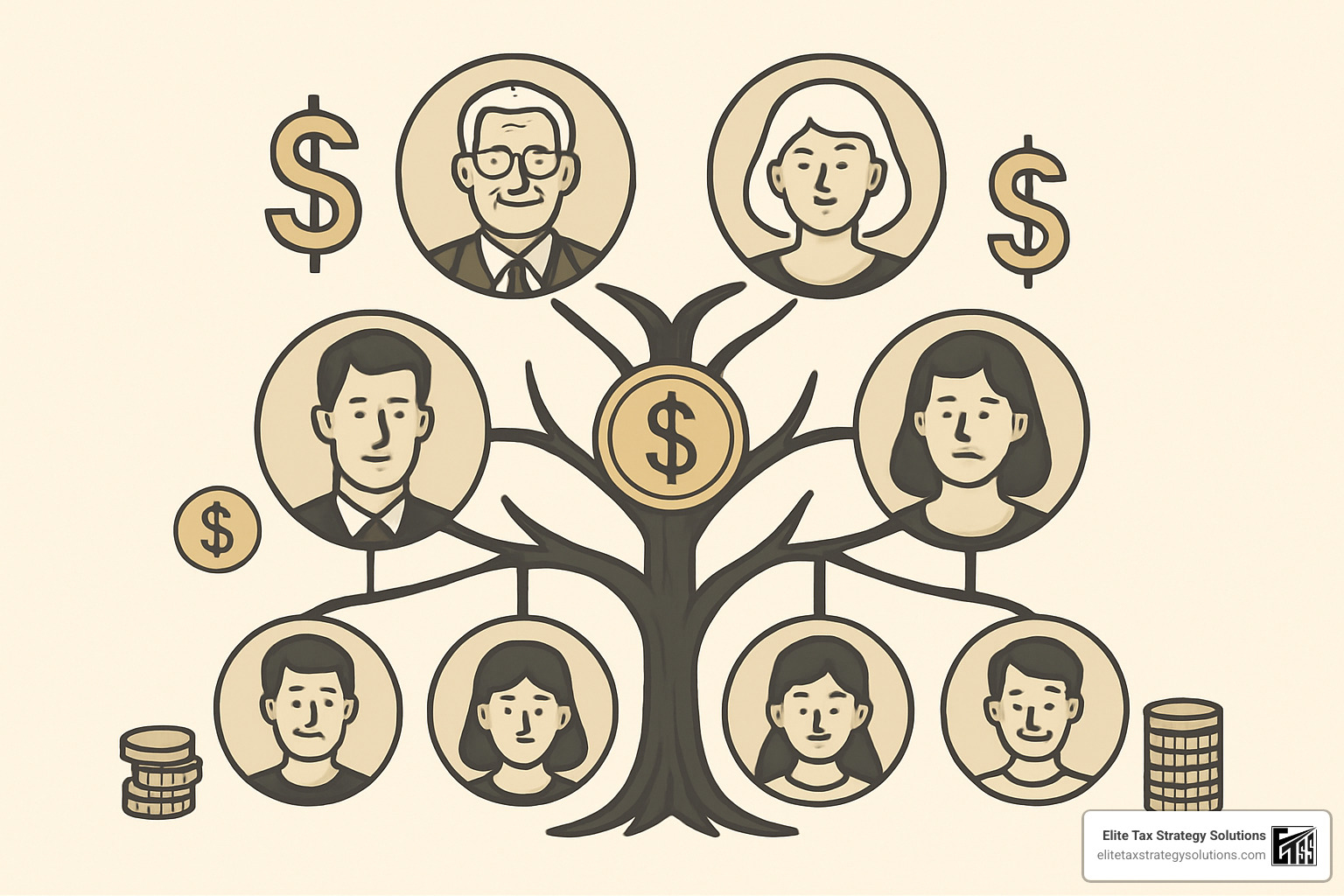 multigenerational family tree with money symbols representing wealth transfer strategies - Strategic tax planning