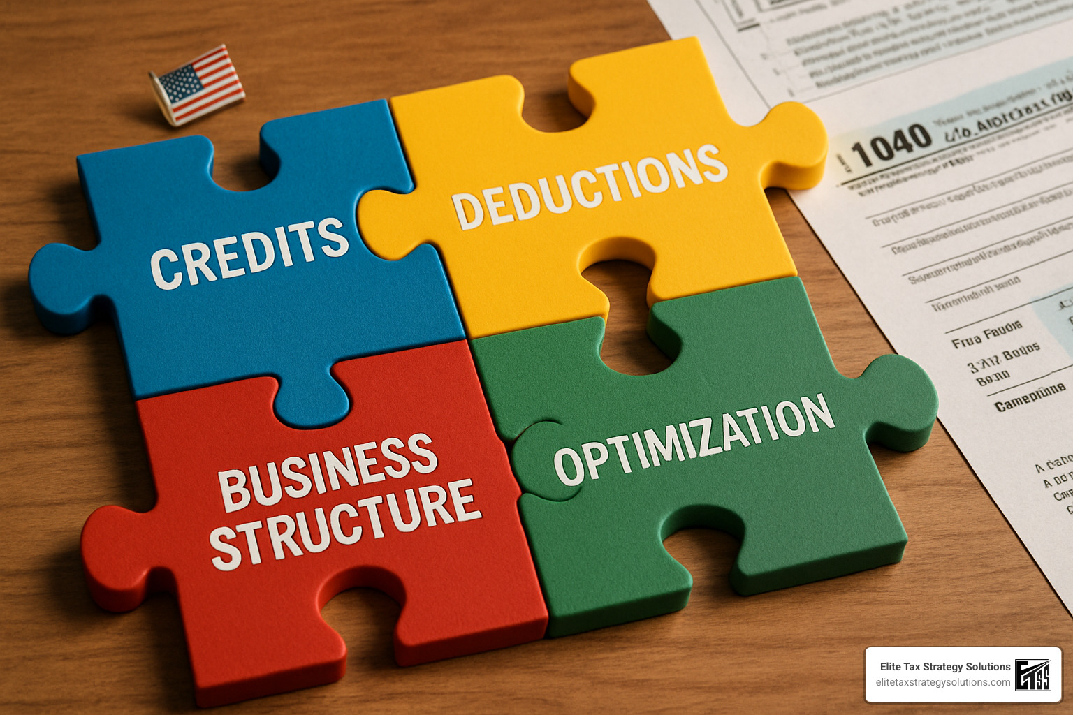 puzzle pieces representing different tax strategies including credits, deductions, and business structure optimization - Strategic tax planning