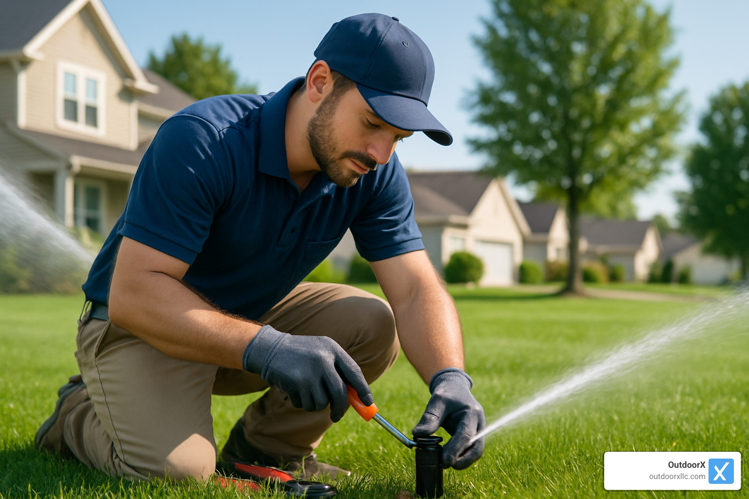 technician adjusting sprinkler head - landscape sprinkler companies near me