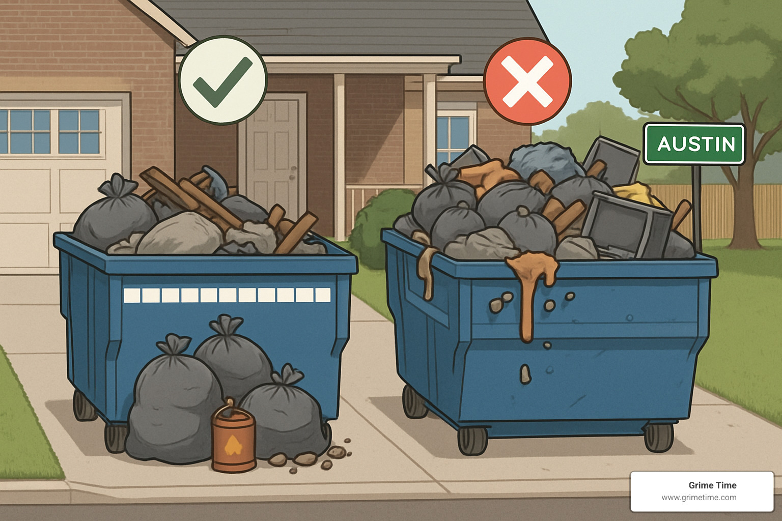 dumpster loading guidelines showing proper and improper waste placement - rent a roll off dumpster austin