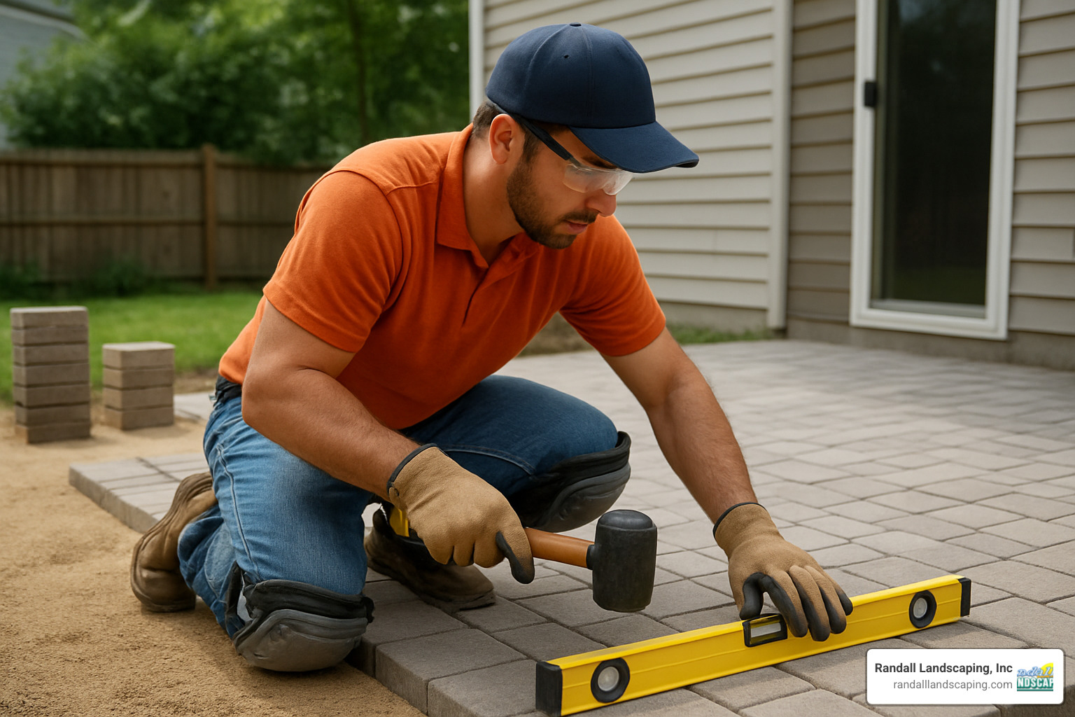 Professional landscape contractor installing pavers with proper tools and safety equipment - landscape paver contractors