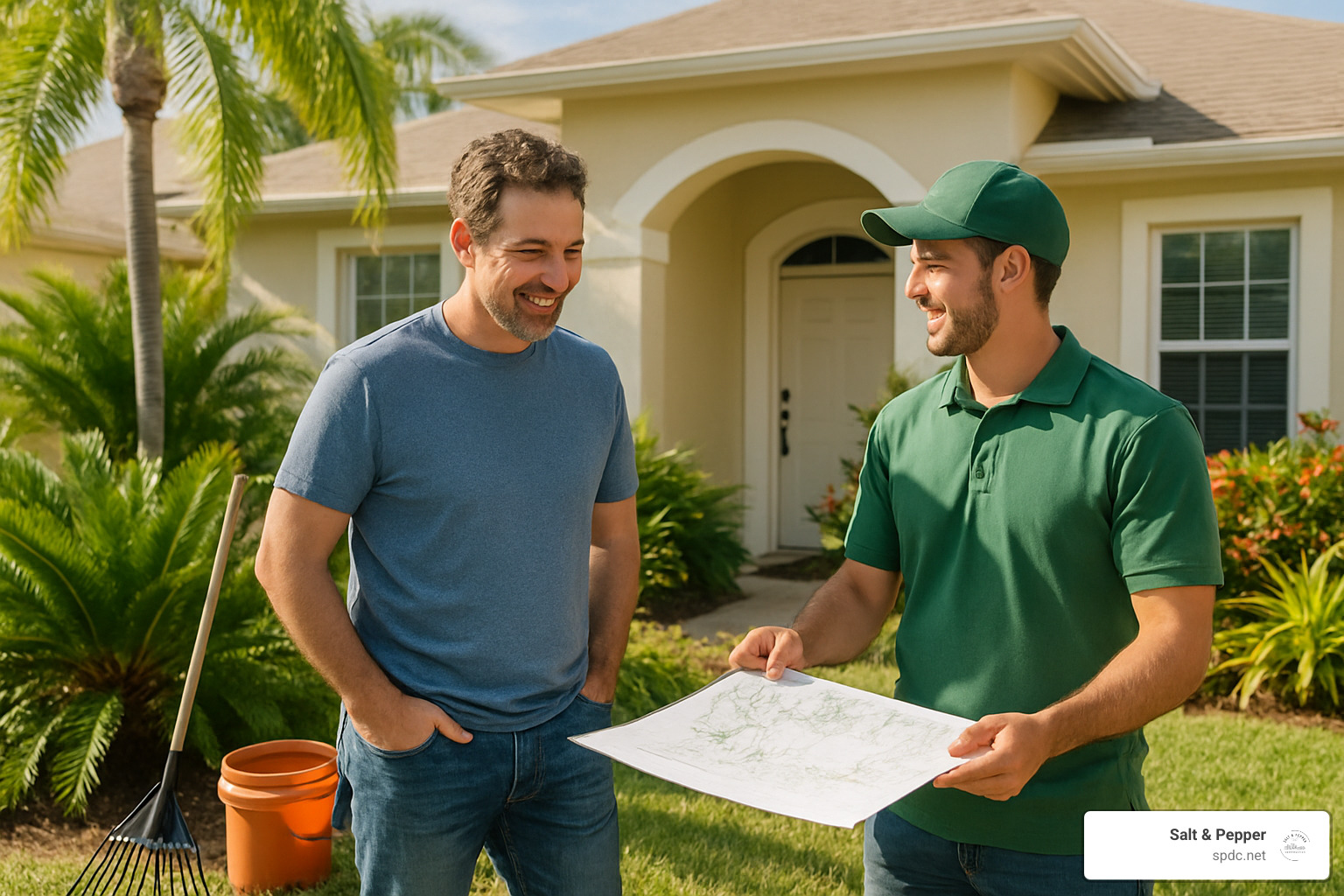 Homeowner meeting with landscape maintenance professional - landscape maintenance tampa