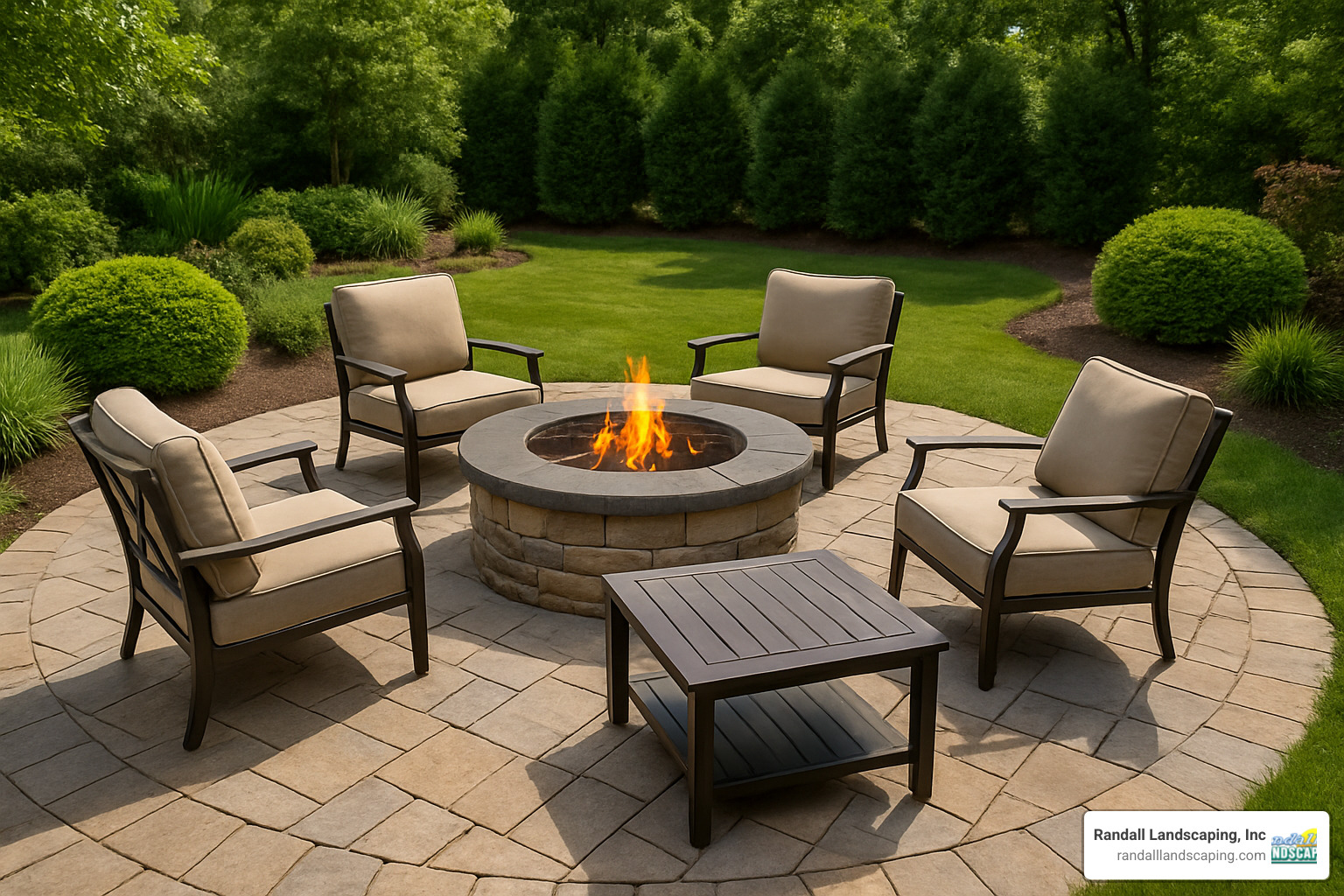 Finished patio with fire pit and outdoor seating area showcasing professional paver installation - landscape paver contractors