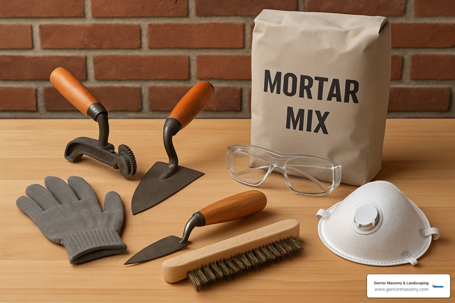 DIY tuckpointing tools and materials laid out including joint raker, trowel, mortar mix, wire brush, and safety equipment - chimney brick