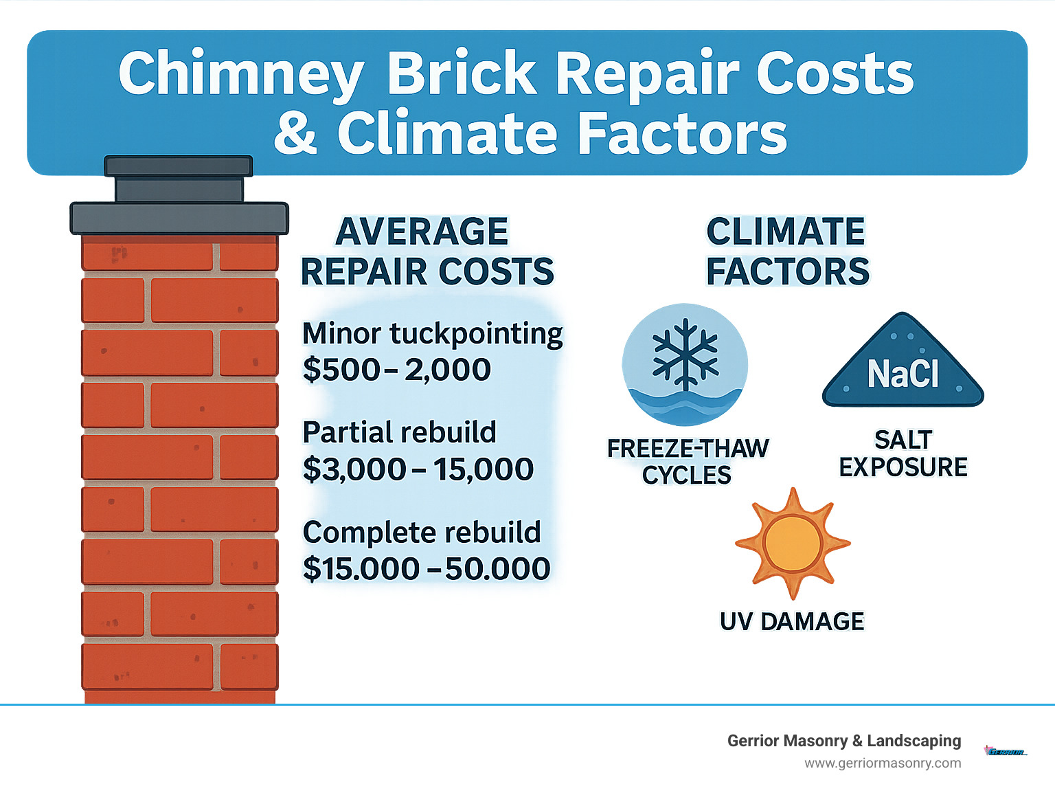 Infographic showing average chimney brick repair costs ranging from minor tuckpointing at $500-2000 to complete rebuild at $15000-50000, with climate factors like freeze-thaw cycles, salt exposure, and UV damage illustrated - chimney brick infographic 