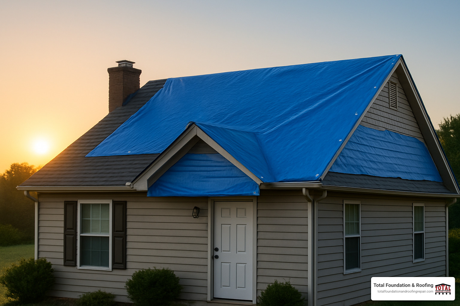 Completed emergency roof tarp installation at sunrise with clear sky in background - emergency roof tarp