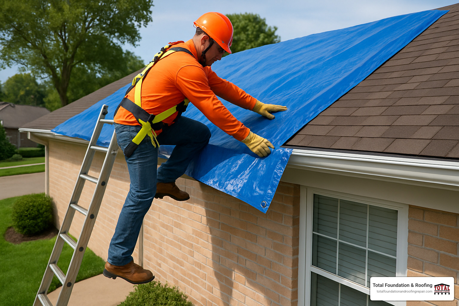 Homeowner safely installing emergency roof tarp with proper ladder setup and safety equipment - emergency roof tarp
