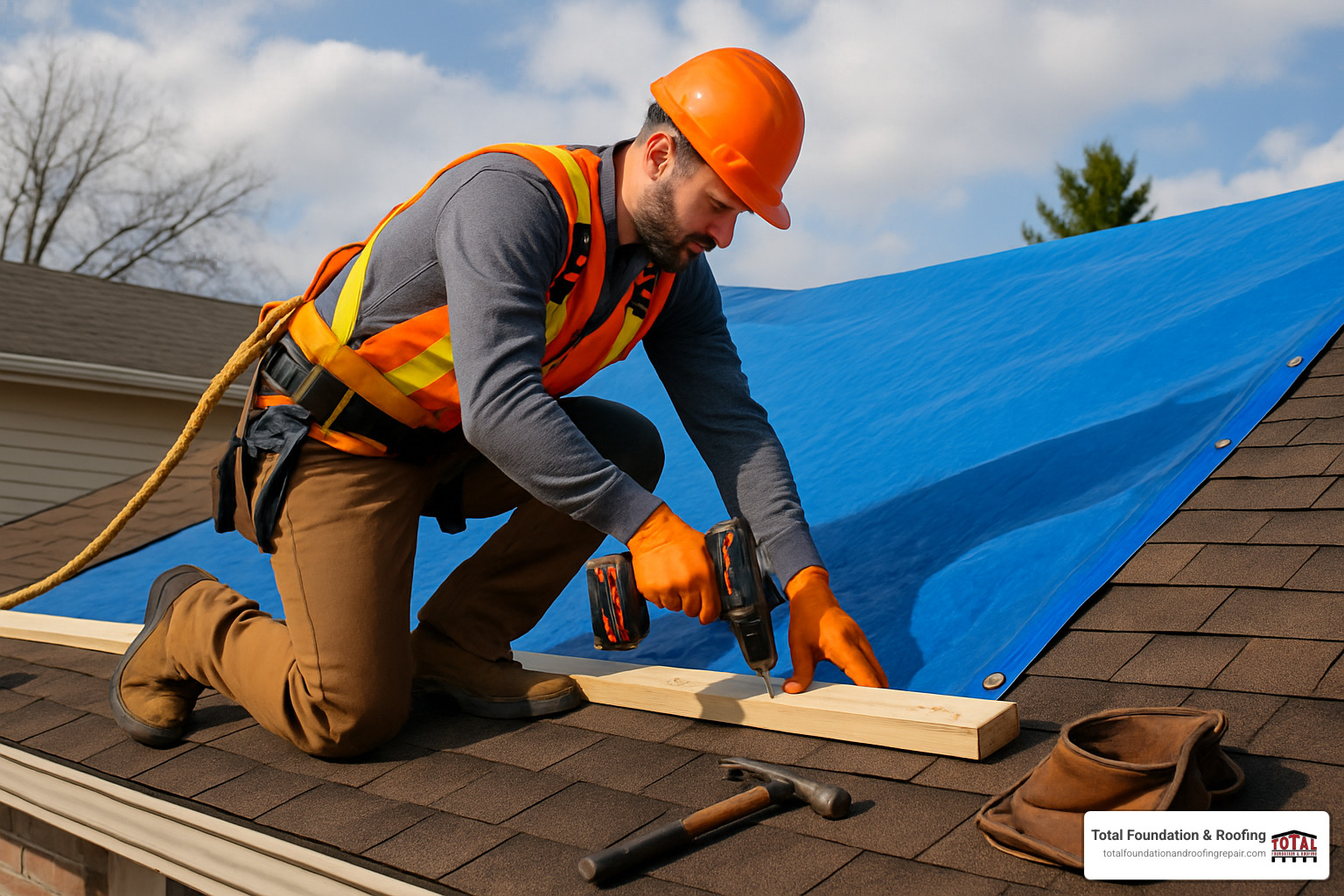 Professional roofer securing emergency tarp with 2x4 boards using proper wrap-and-screw technique - emergency roof tarp