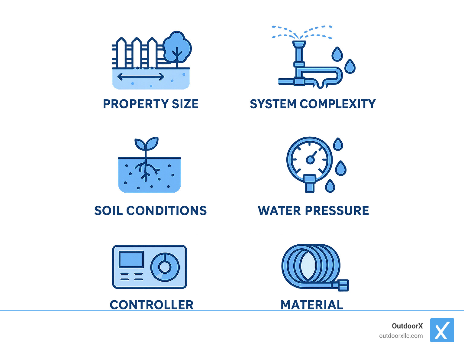 Infographic showing cost drivers for irrigation installation including property size, system complexity, soil conditions, water pressure, controller features, and material quality - landscape sprinkler companies near me infographic