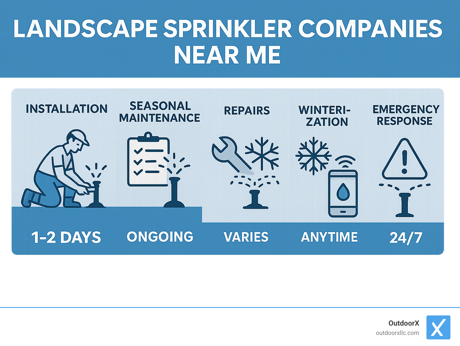 Infographic showing the key services offered by landscape sprinkler companies including installation, seasonal maintenance, repairs, winterization, smart upgrades, and emergency response with typical service timeframes - landscape sprinkler companies near me infographic