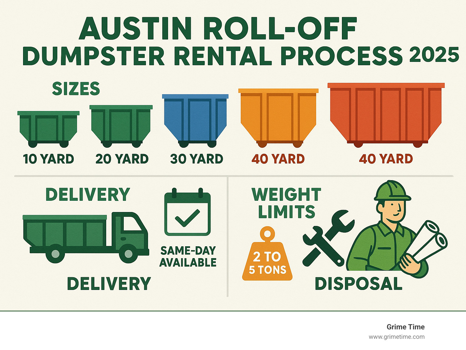 Austin roll-off dumpster rental process showing sizes, delivery timeline, weight limits, and disposal options for contractors - rent a roll off dumpster austin infographic 