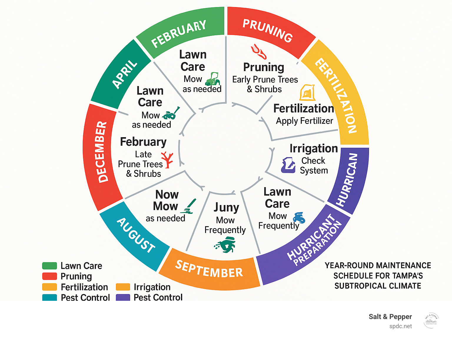 Comprehensive infographic showing Tampa's year-round landscape maintenance schedule with monthly tasks including lawn care, pruning schedules, fertilization timing, irrigation adjustments, pest control measures, and hurricane preparation activities specific to Tampa's subtropical climate - landscape maintenance tampa infographic
