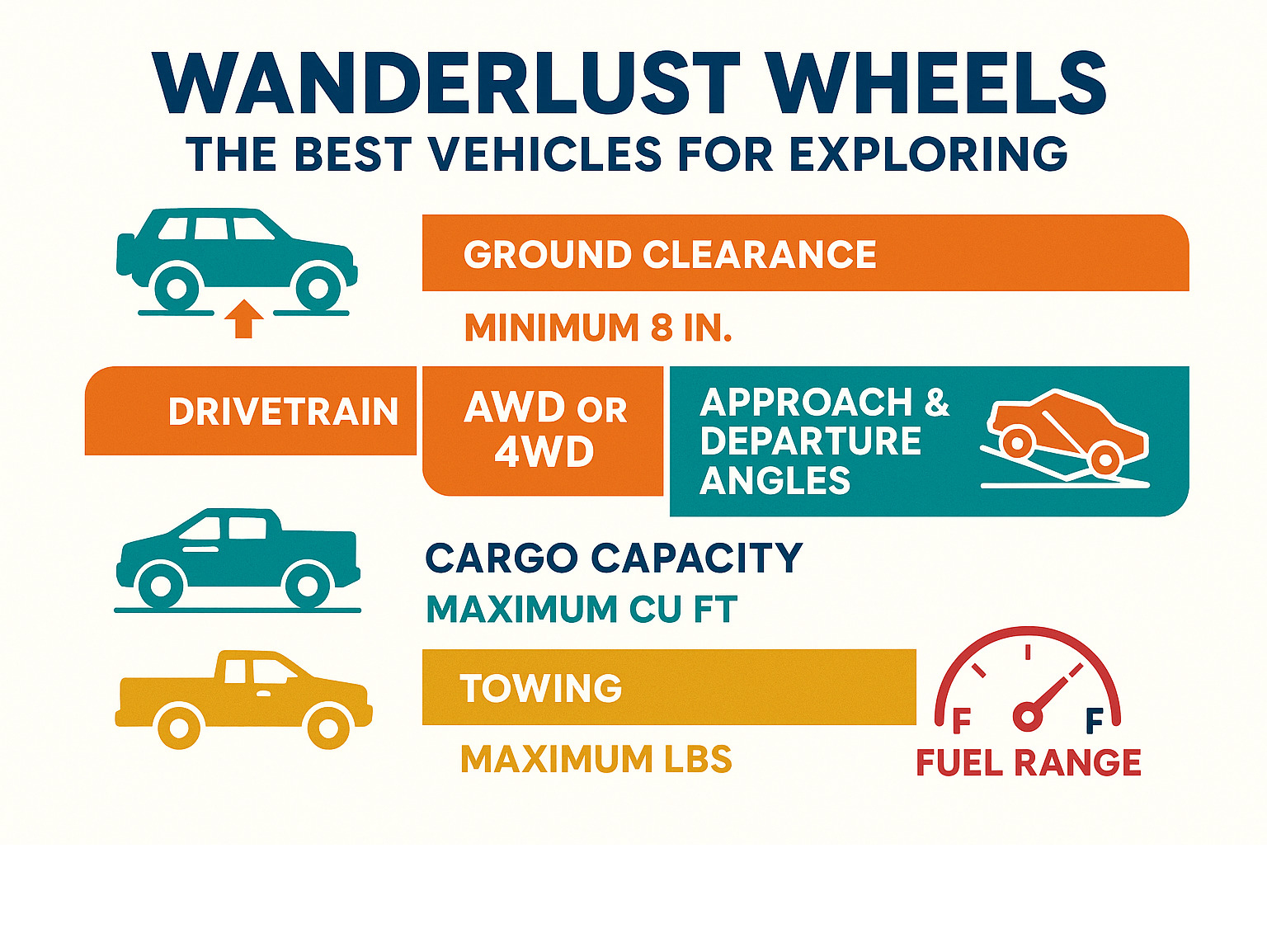 Detailed comparison infographic showing essential specifications for exploration vehicles including minimum 8-inch ground clearance, AWD or 4WD drivetrain options, approach and departure angles, cargo capacity ratings, towing limits, and fuel range requirements for different terrain types - best vehicle for exploring infographic 