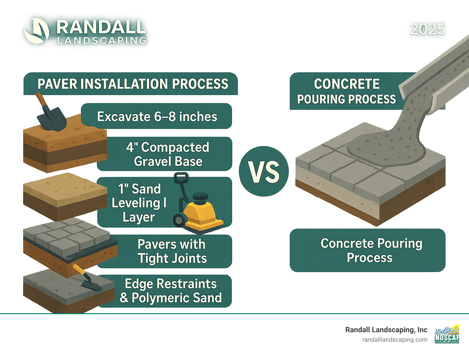 Infographic showing paver installation process: excavation 6-8 inches deep, 4-inch compacted gravel base, 1-inch sand leveling layer, paver placement with tight joints, edge restraints, and polymeric sand finishing compared to concrete pouring process - landscape paver contractors infographic 