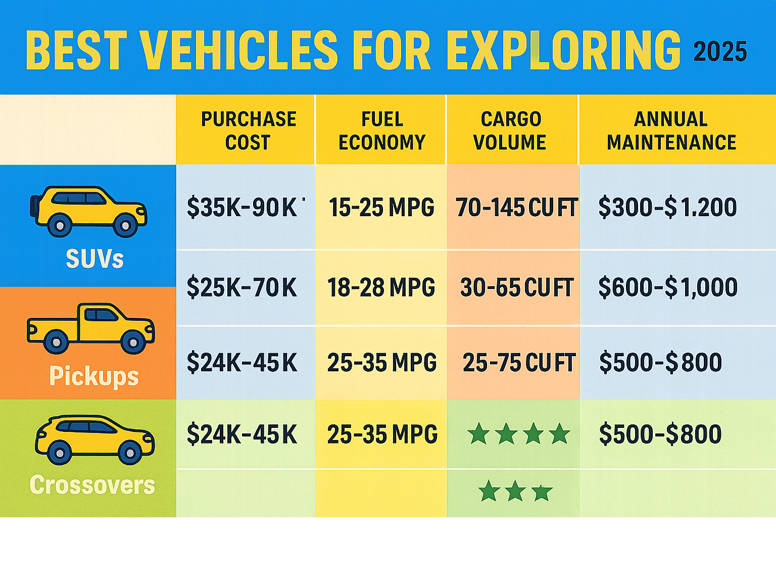 Comprehensive comparison table showing SUVs, pickups, and crossovers with purchase costs, fuel economy, cargo volumes, off-road capability ratings, and estimated annual maintenance expenses - best vehicle for exploring infographic 