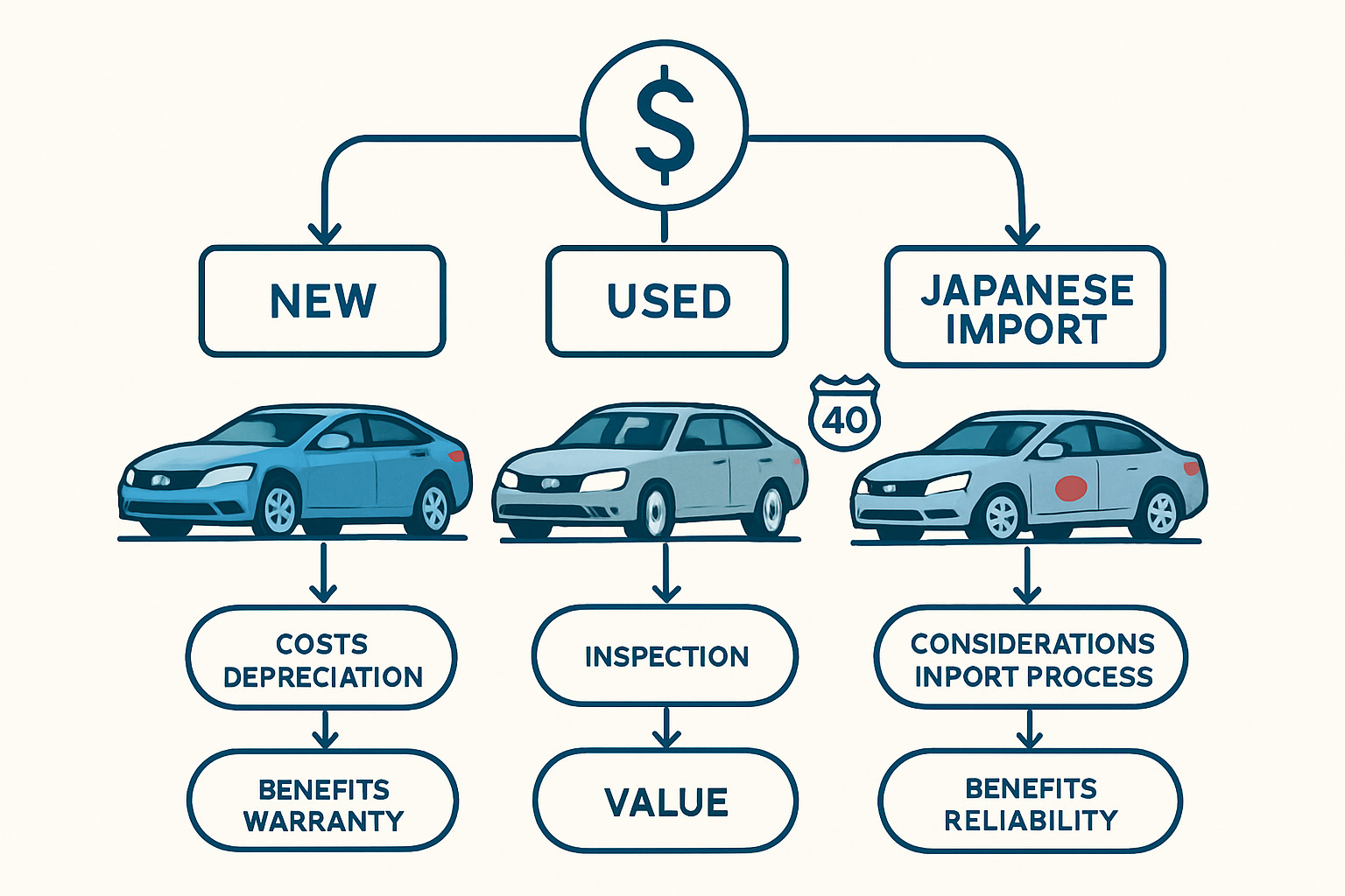 Vehicle purchasing decision flowchart showing new, used, and import options with associated costs, benefits, and considerations - best vehicle for exploring