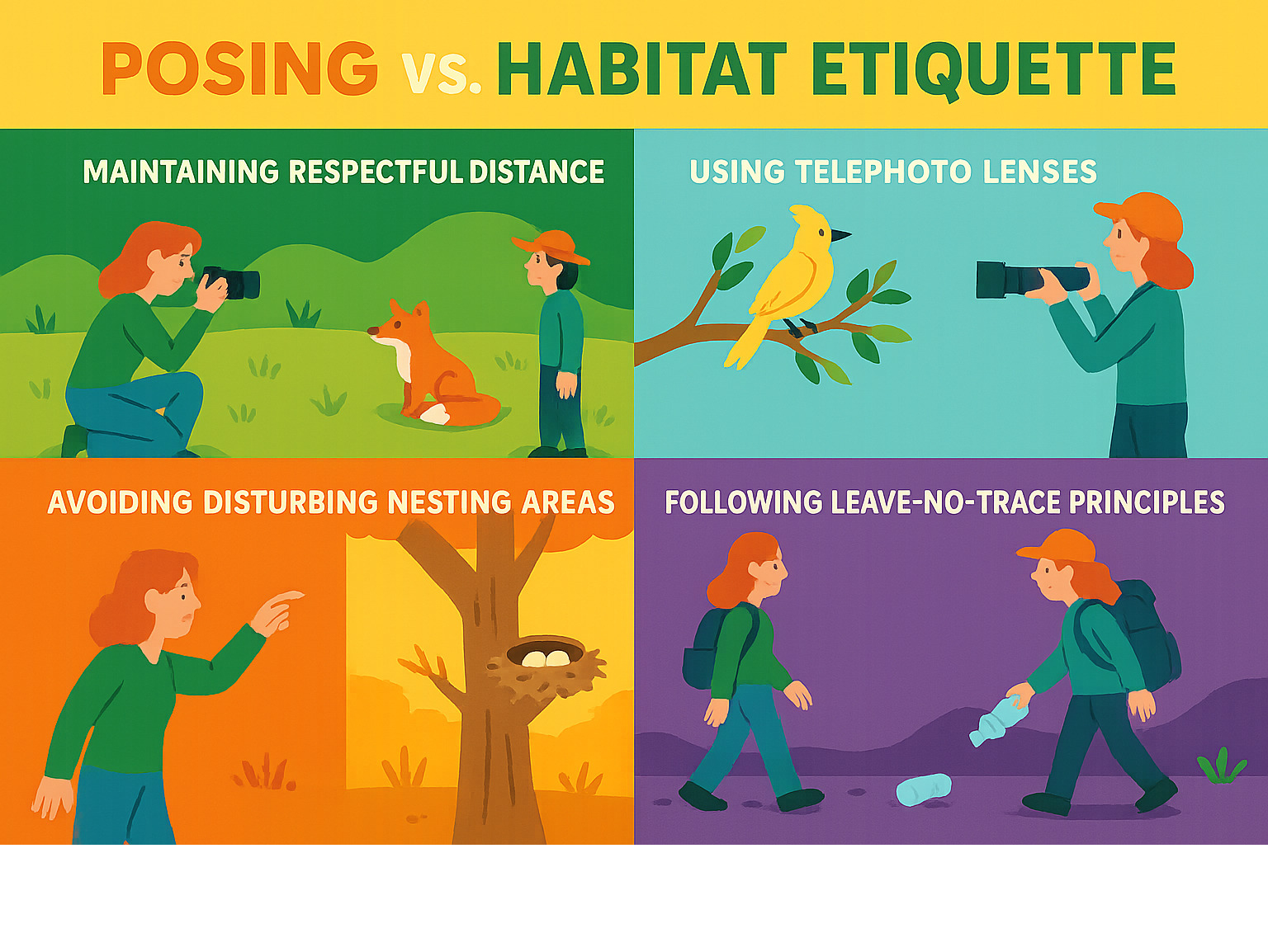 Infographic showing proper posing techniques versus habitat etiquette: maintaining respectful distance from wildlife, using telephoto lenses, avoiding disturbing nesting areas, and following leave-no-trace principles - natural beauty photography infographic 