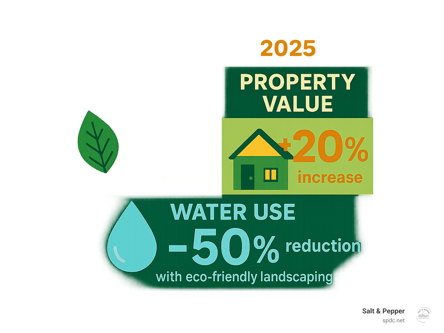 Statistical infographic showing ROI of sustainable landscape investments: energy savings percentages, property value increases, and water usage reductions from eco-friendly landscaping practices in Tampa - landscape maintenance tampa infographic
