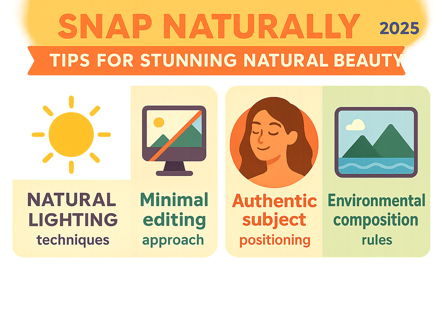 Infographic showing key elements of natural beauty photography: natural lighting techniques, minimal editing approach, authentic subject positioning, and environmental composition rules - natural beauty photography infographic 