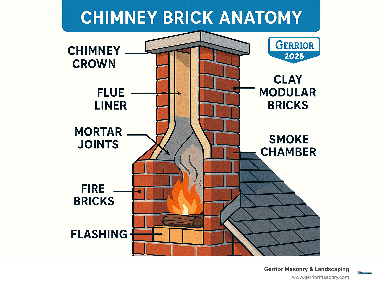 Detailed infographic showing chimney anatomy including fire bricks in firebox, clay modular bricks for exterior walls, chimney crown, flue liner, mortar joints, flashing, and smoke chamber with labels and cross-section view - chimney brick infographic 