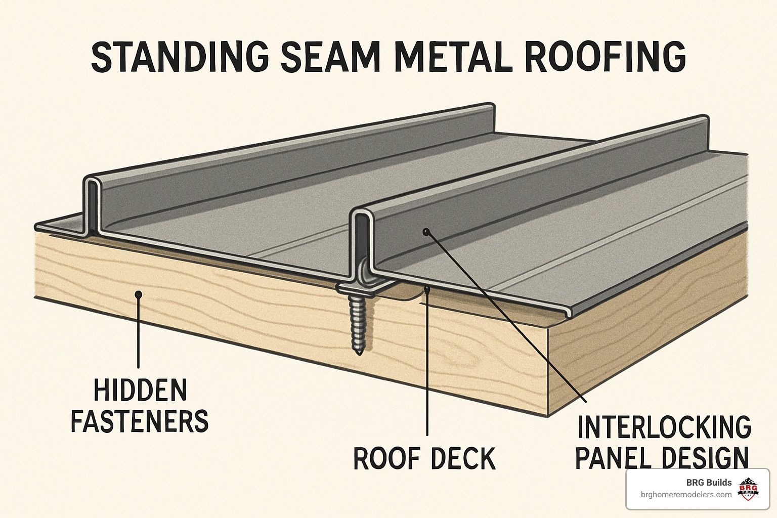 Cross-section view of standing seam metal roofing profile showing hidden fasteners and interlocking design - best residential metal roofing