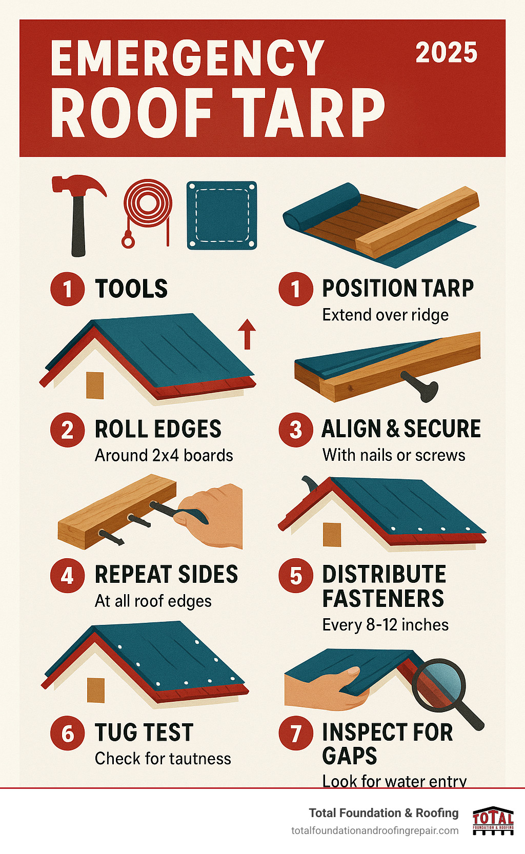 7-step emergency roof tarp installation process showing tools, positioning, securing, and inspection phases - emergency roof tarp infographic 