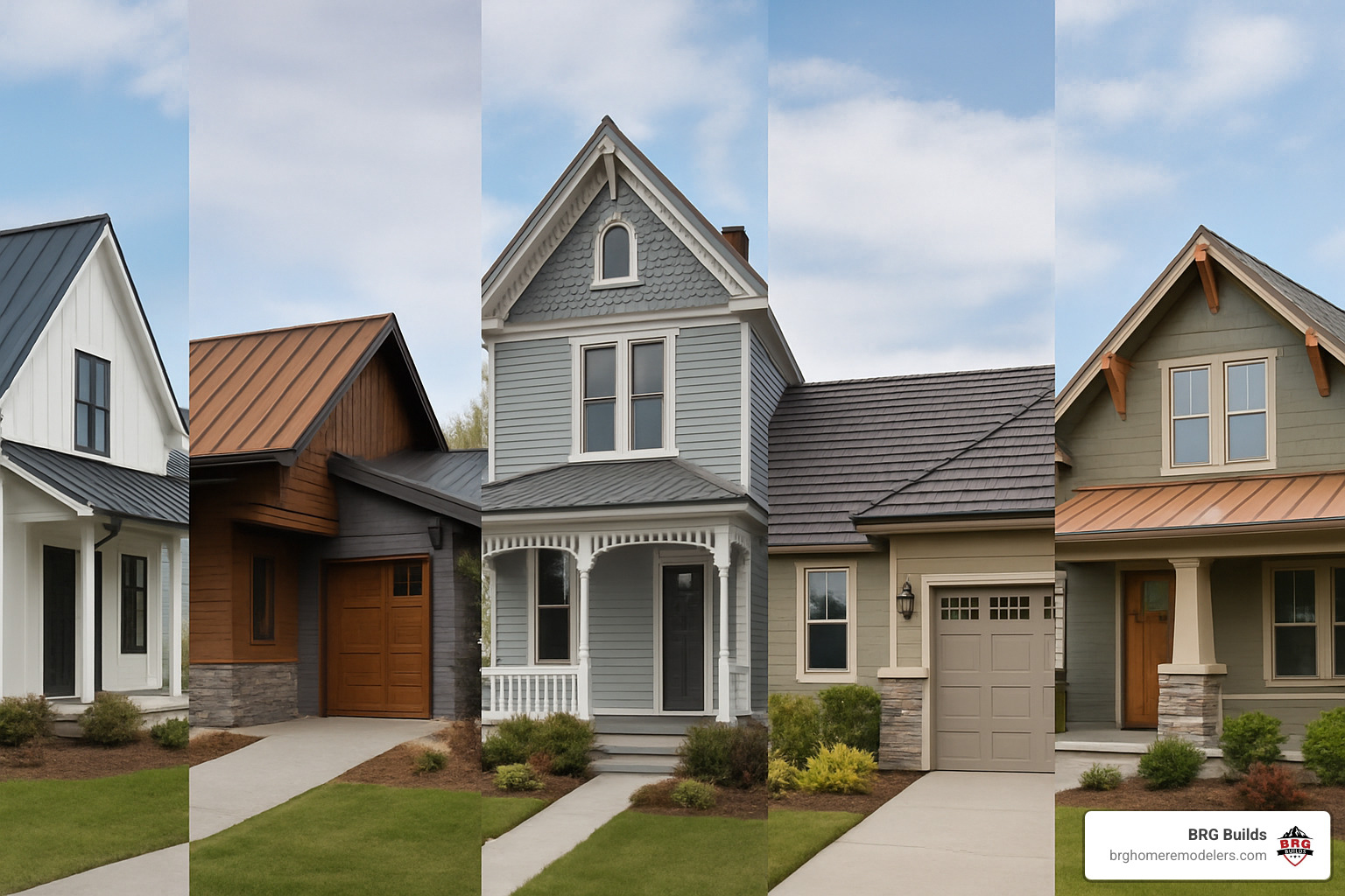 Five different home styles side-by-side showing metal roofing options: modern farmhouse with black standing seam, mountain contemporary with weathered steel, Victorian with metal shingles, ranch with stone-coated panels, and craftsman with copper accents - best residential metal roofing