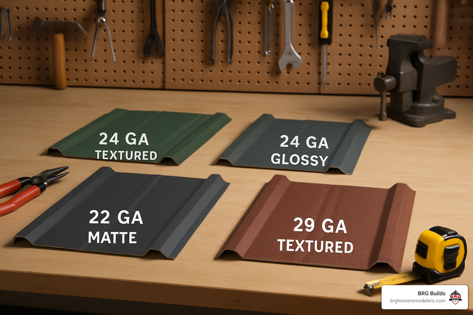Metal roofing samples displayed on workbench showing different gauges and finishes - best residential metal roofing