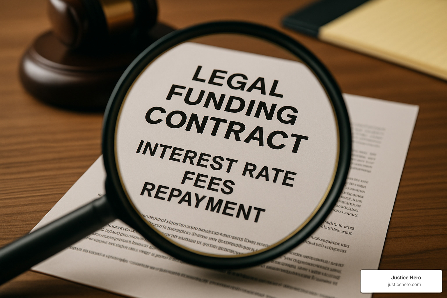 Magnifying glass examining a legal funding contract with key terms highlighted - motor vehicle accident lawsuit settlement loans