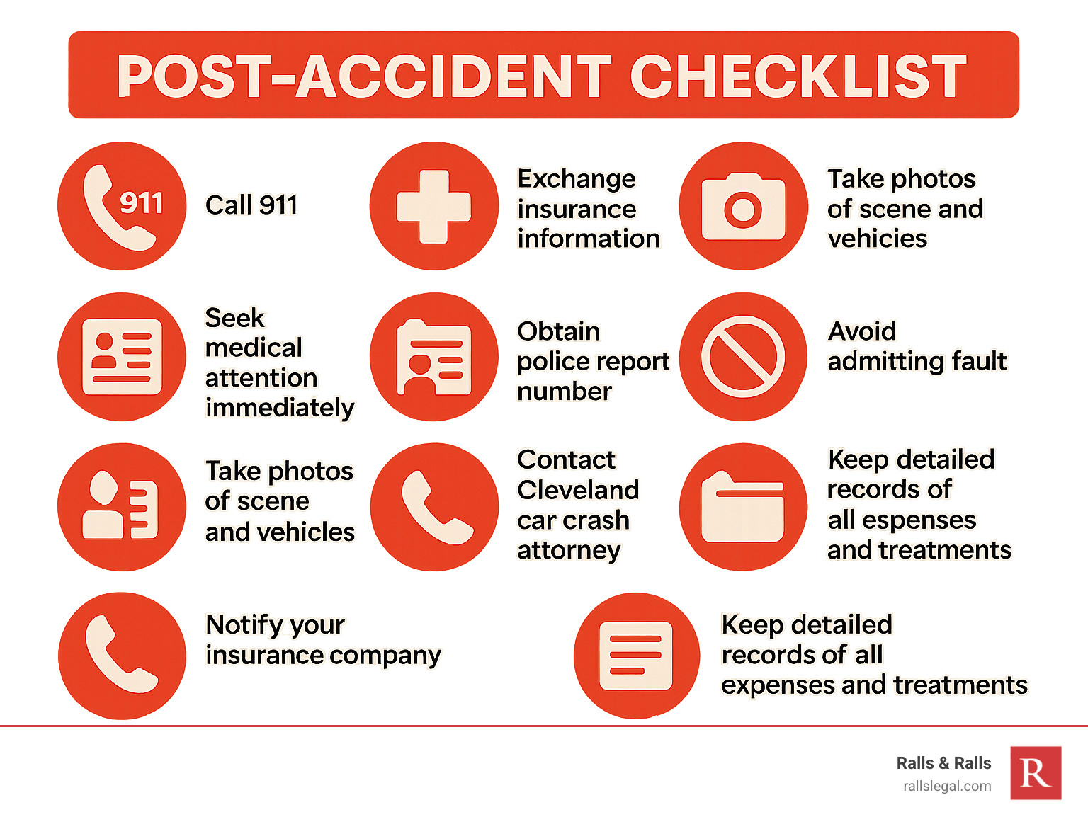 Infographic showing post-accident checklist: Call 911, seek medical attention immediately, exchange insurance information, take photos of scene and vehicles, collect witness contact details, obtain police report number, avoid admitting fault, contact Cleveland car crash attorney within 24 hours, notify your insurance company, keep detailed records of all expenses and treatments - Cleveland car crash attorney infographic 
