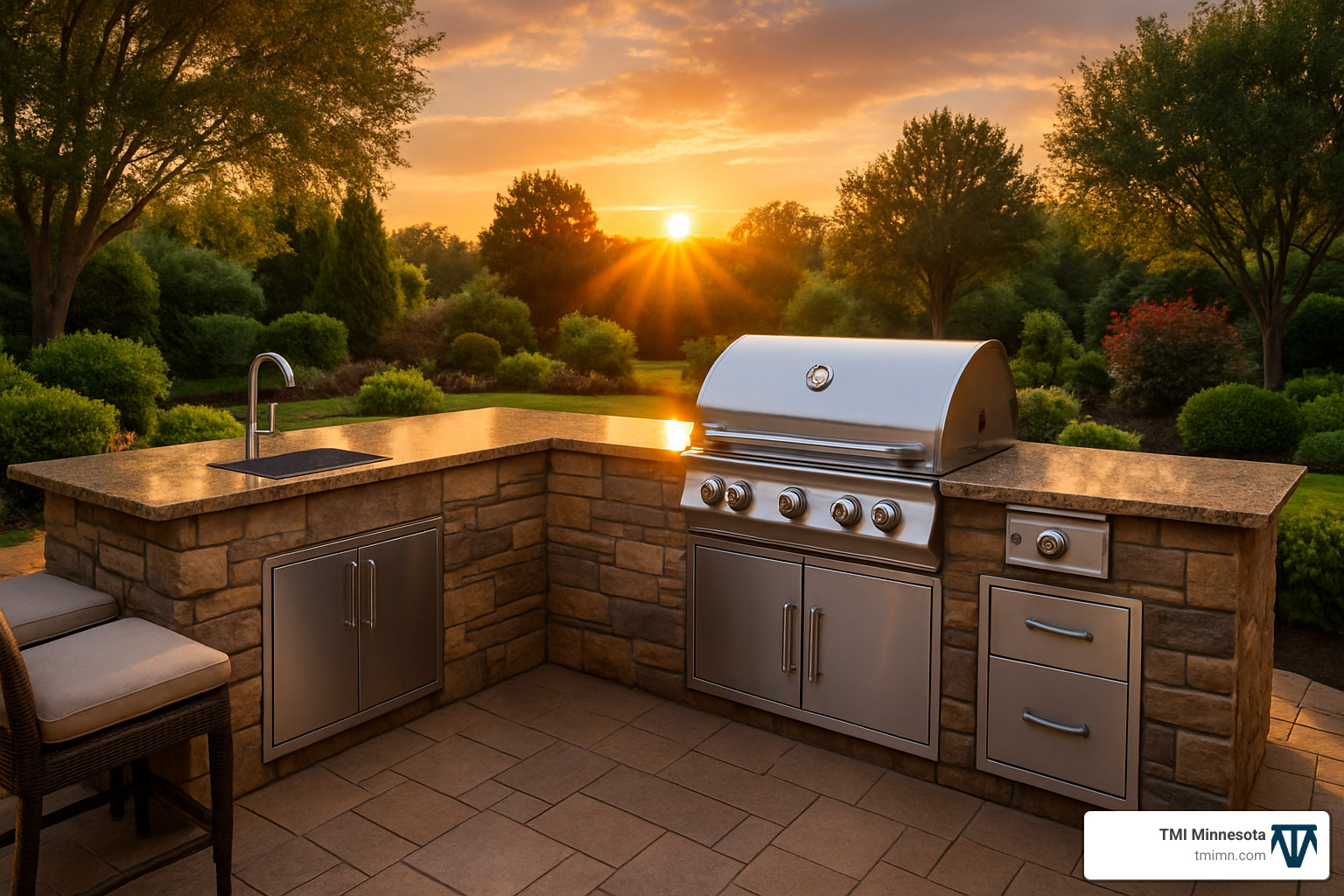 gourmet outdoor kitchen at sunset - custom outdoor living areas