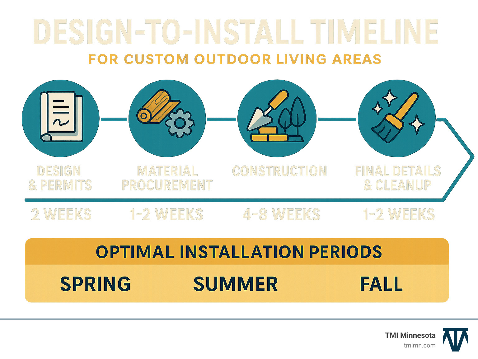 Infographic showing complete design-to-install timeline spanning 8-16 weeks including 2 weeks design and permits, 1-2 weeks material procurement, 4-8 weeks construction phases for hardscape then structures then landscaping, and 1-2 weeks final details and cleanup with seasonal timing recommendations for optimal installation periods - custom outdoor living areas infographic 