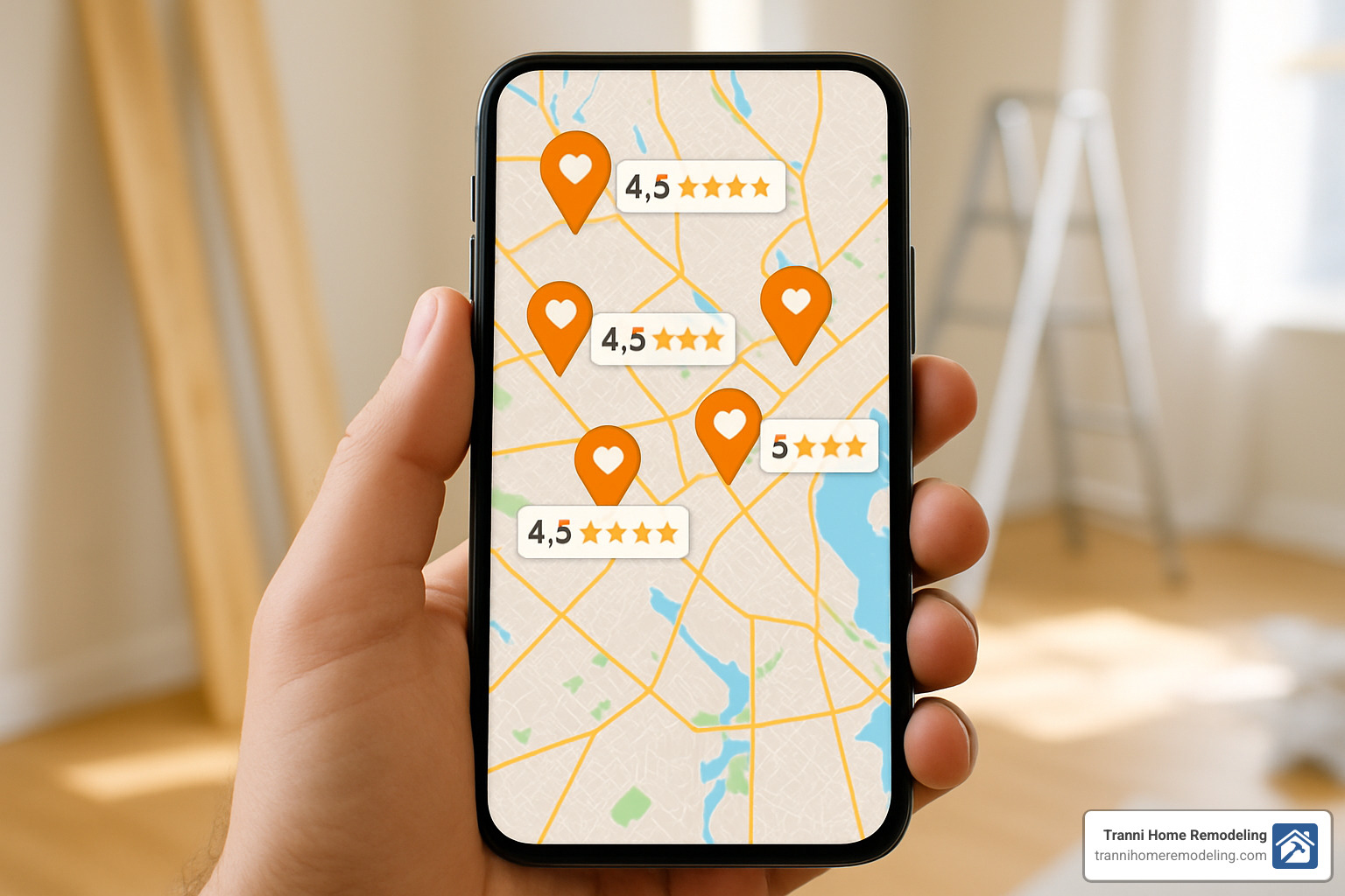Mobile phone showing map with local contractor locations and ratings - remodel contractors near me