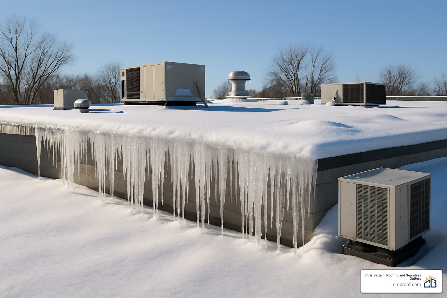 icicle-laden flat roof - commercial roofing