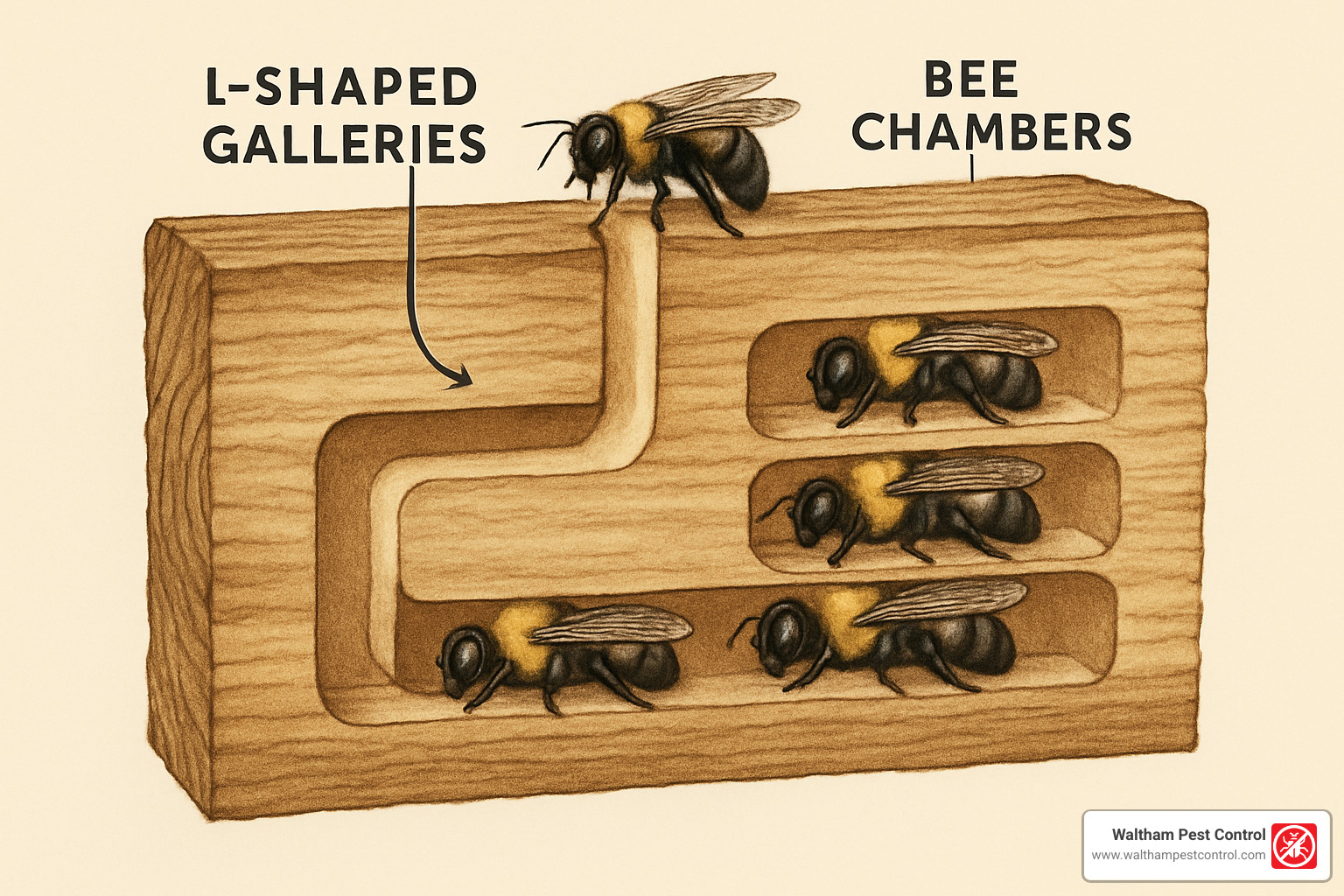cross-section view of carpenter bee tunnel system - how to deter carpenter bees