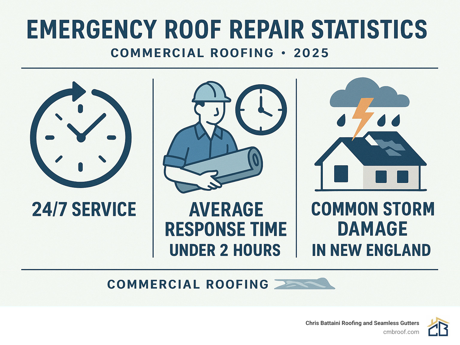Emergency roof repair statistics showing 24/7 service availability, average response times, and common storm damage patterns in New England - commercial roofing infographic 