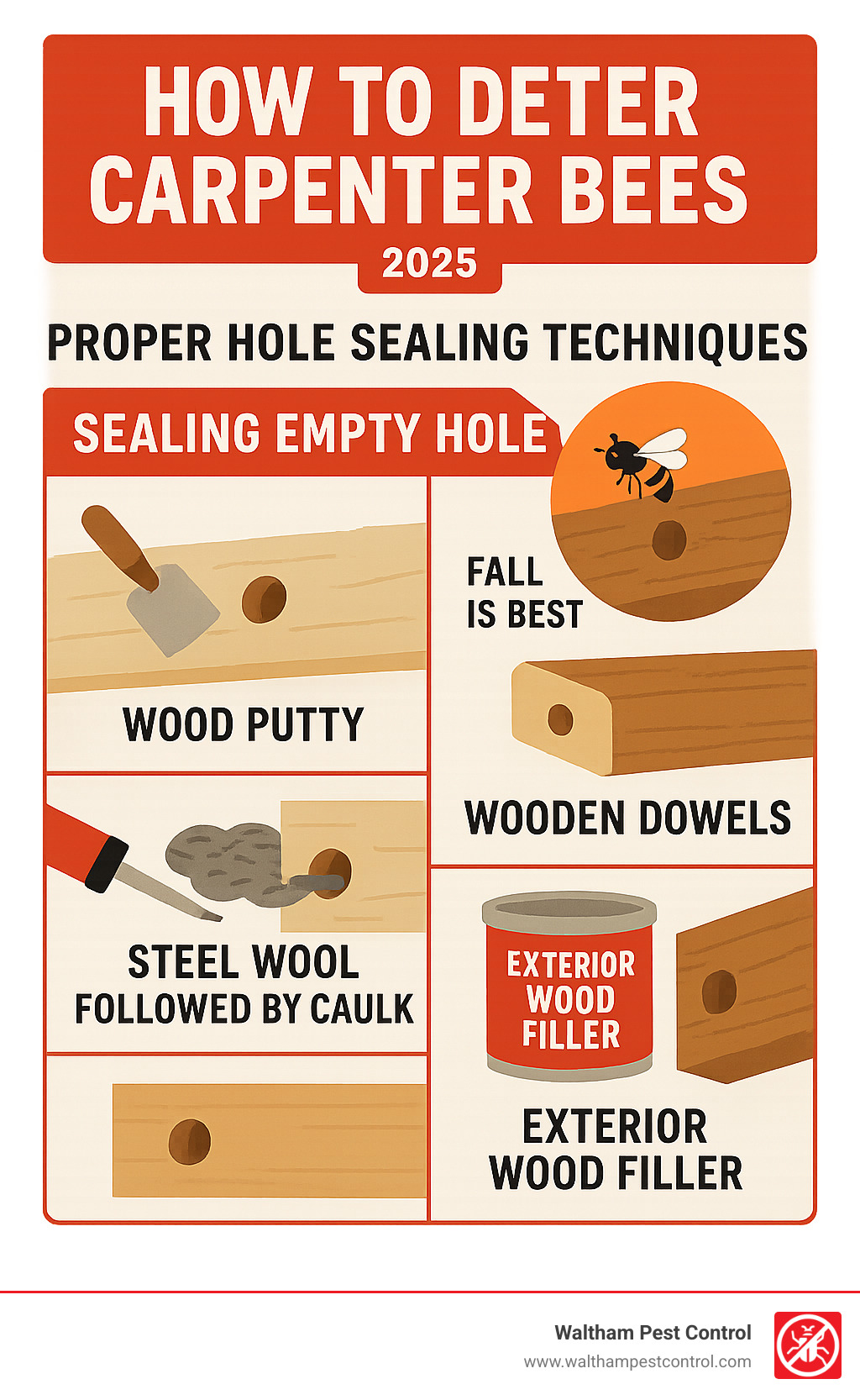 Infographic showing proper hole sealing techniques with different materials and seasonal timing - how to deter carpenter bees infographic 