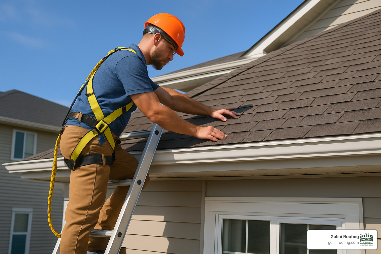 Professional roofer conducting thorough roof inspection with ladder and safety equipment - roof and gutter repairs ipswich