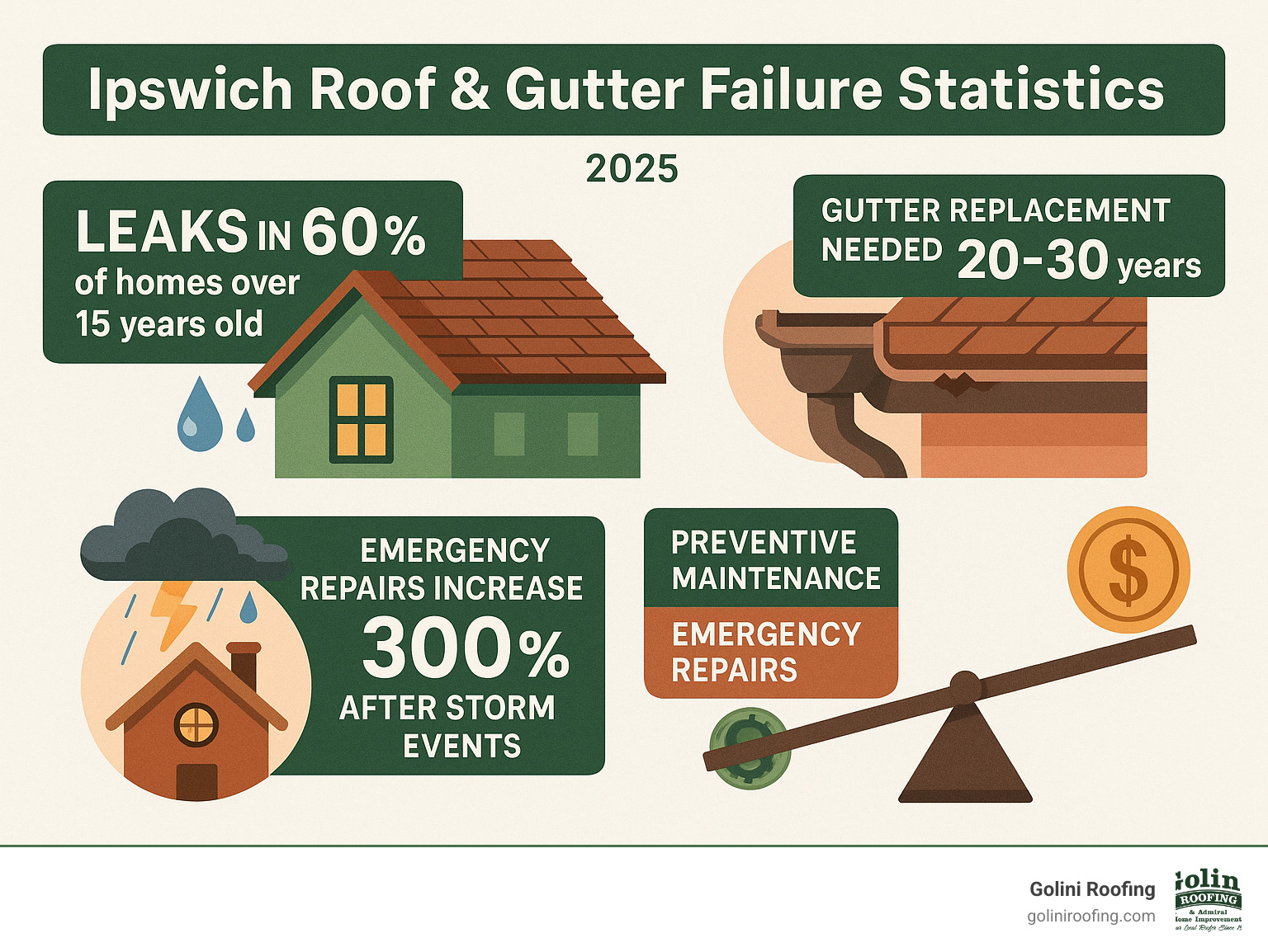 Detailed infographic showing Ipswich roof and gutter failure statistics including common problems like leaks in 60% of homes over 15 years old, gutter replacement needed every 20-30 years, emergency repairs increase 300% after storm events, and cost comparison between preventive maintenance versus emergency repairs - roof and gutter repairs ipswich infographic 