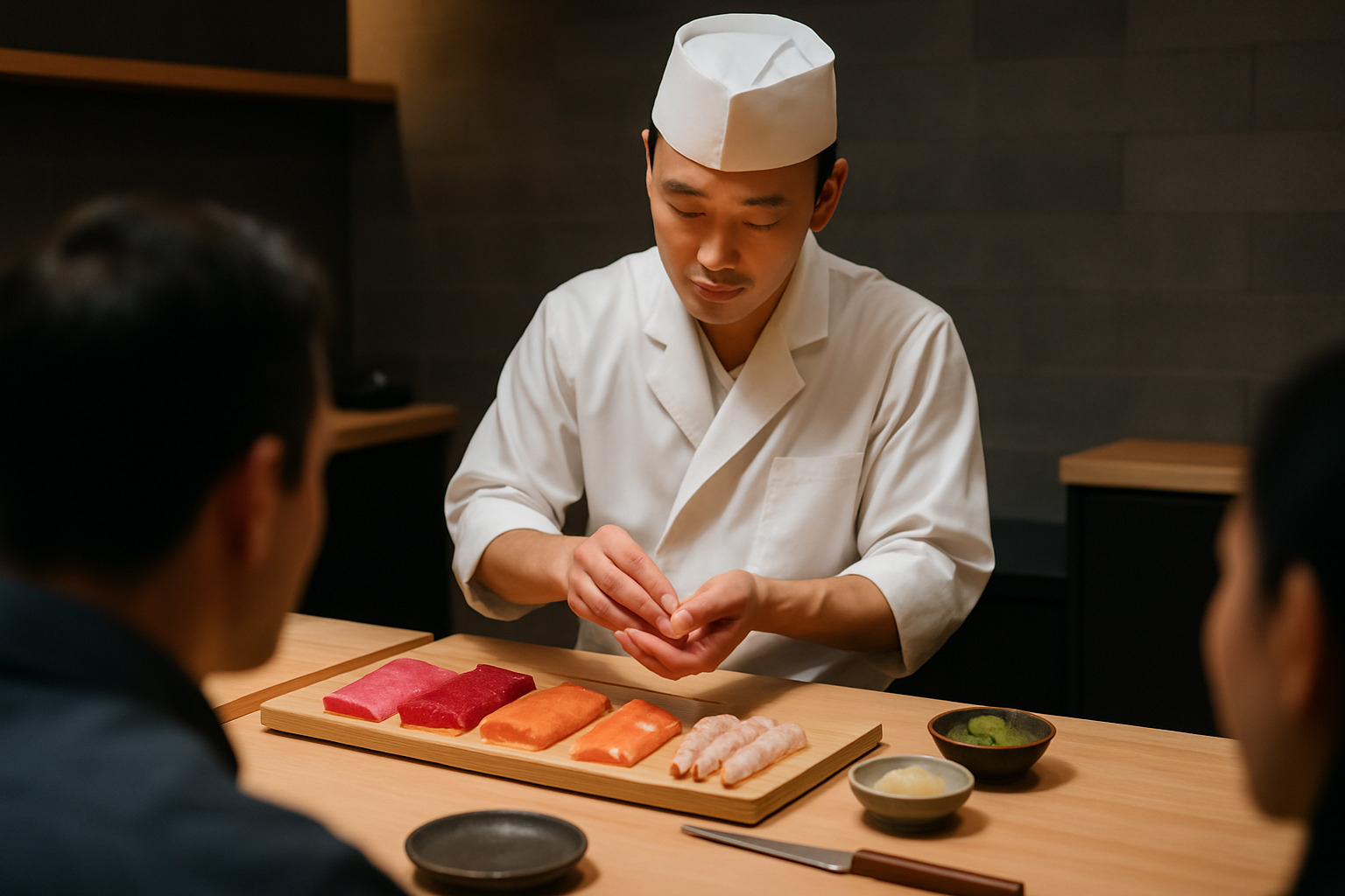 Chef preparing omakase at counter - japanese food near me