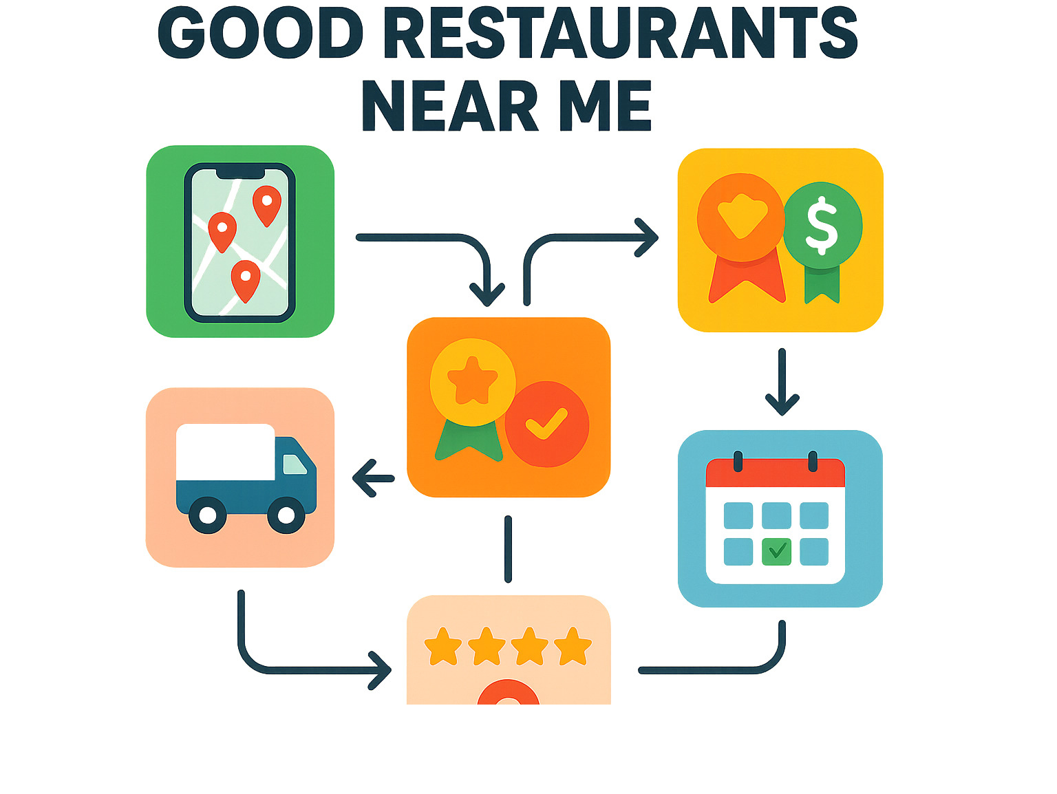 Infographic showing the 7-step restaurant findy process: smartphone with map pins, filter icons for cuisine and price, award badges, calendar with available times, delivery truck icon, star ratings, and location pin - all connected with arrows showing the optimal search flow - good restaurants near me infographic 