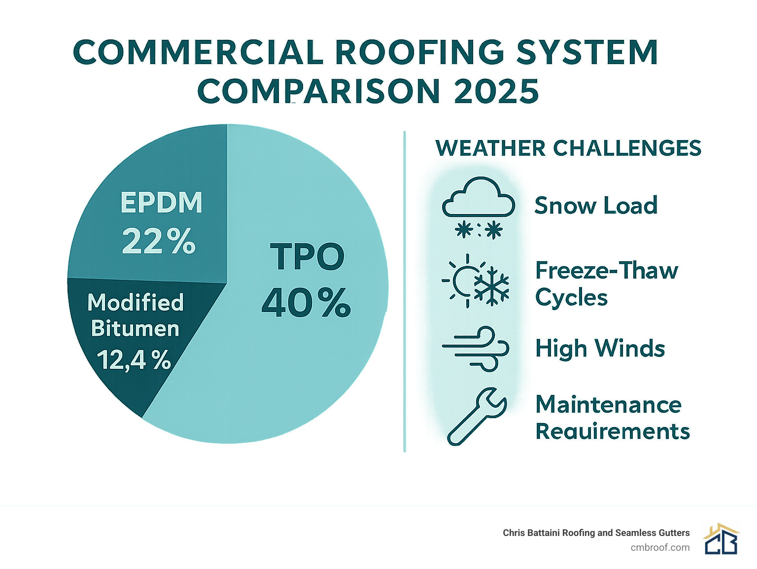 Commercial roofing system comparison showing TPO at 40% market share, EPDM at 22%, Modified Bitumen at 12.4%, with weather challenges including snow load, freeze-thaw cycles, high winds, and maintenance requirements - commercial roofing infographic 