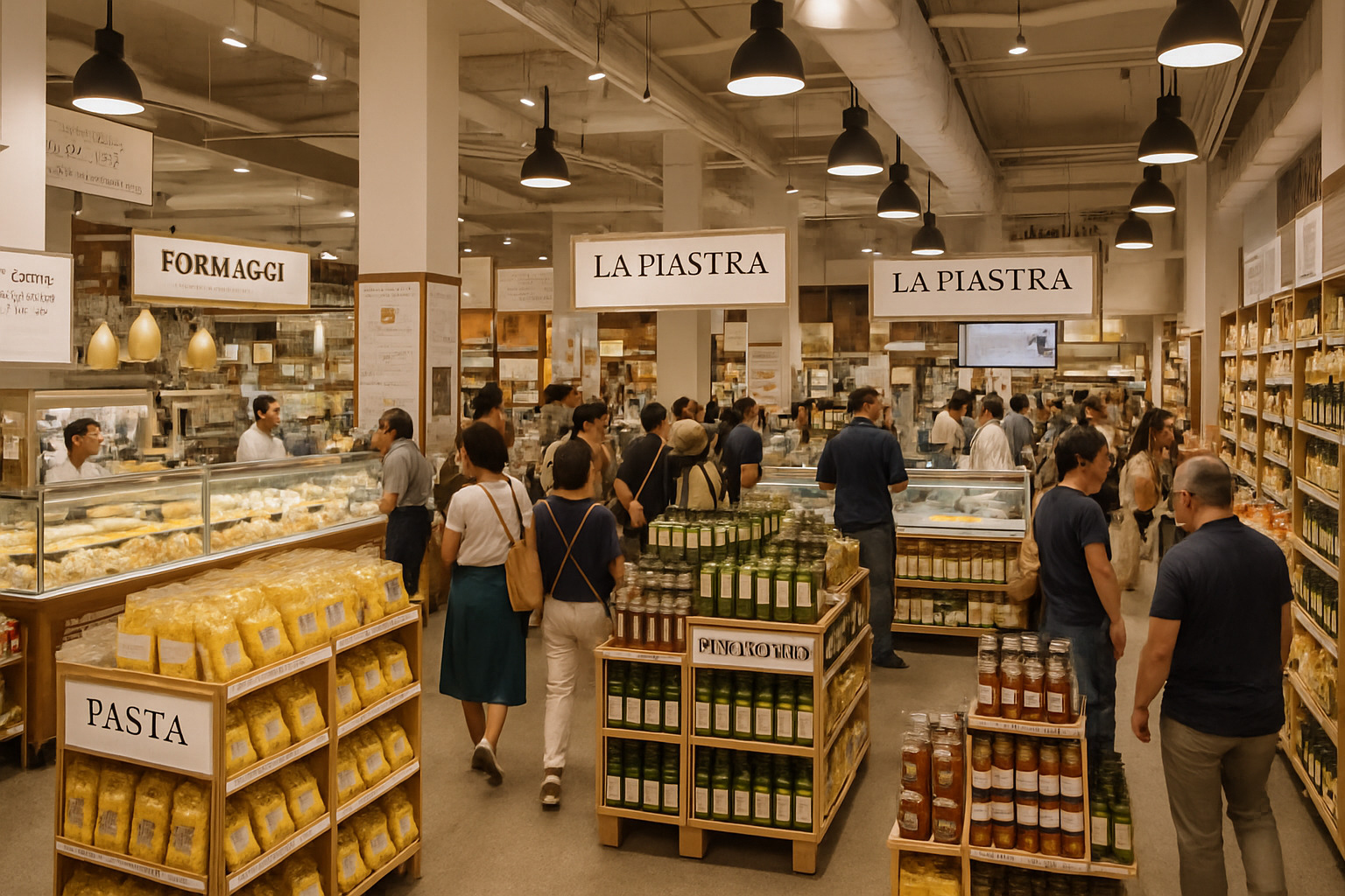 NYC Flatiron Eataly store interior showing busy marketplace with food counters, shoppers, and Italian products - eataly