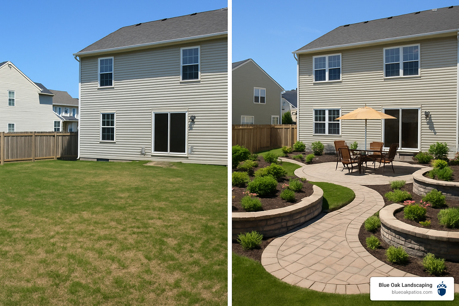 Before and after comparison showing a plain yard transformed with hardscape elements including patio, walkways, and retaining walls - hard scape
