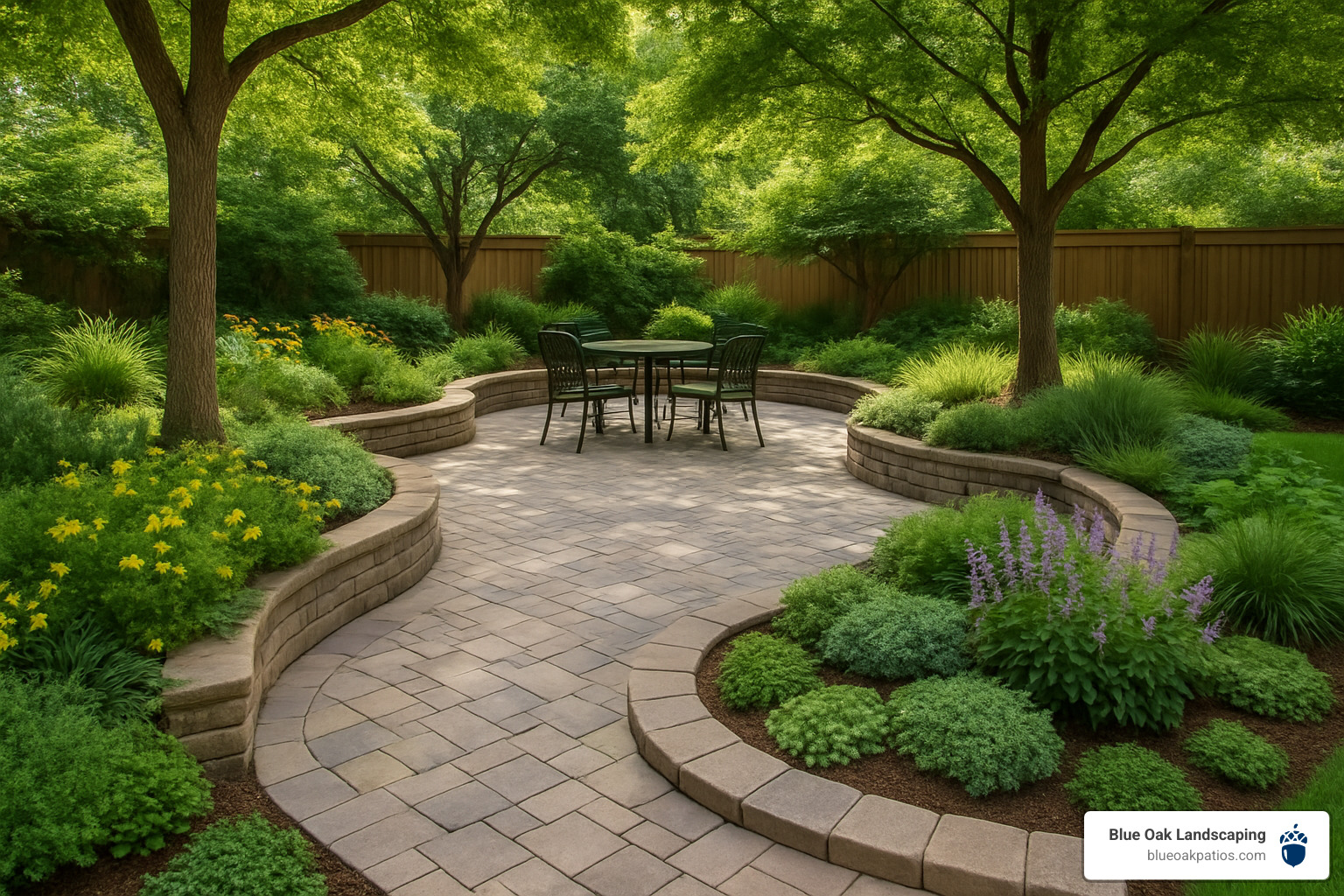 Integrated hardscape and softscape design showing patio with surrounding planted beds, ground covers, and strategic tree placement - hard scape